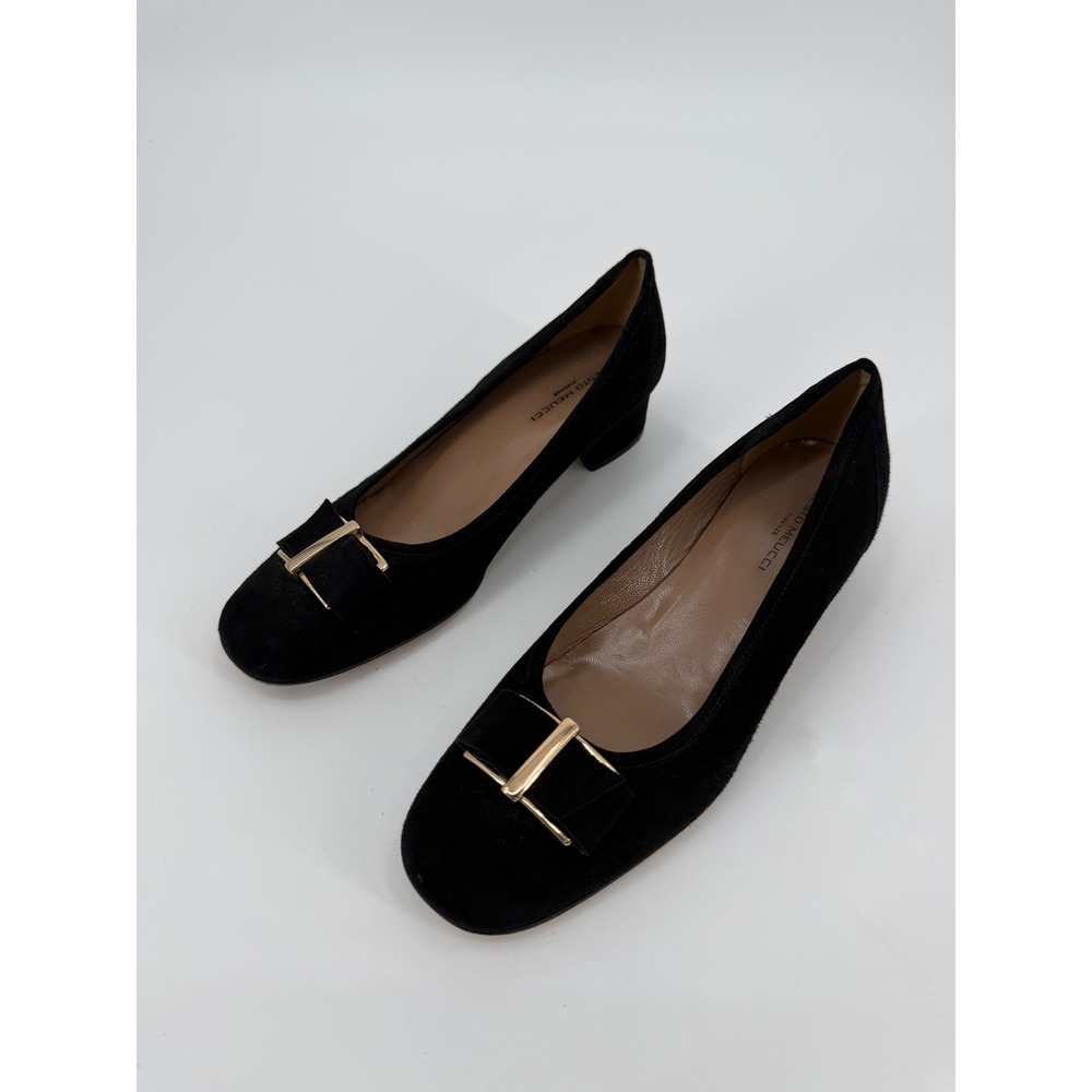 Sesto Meucci Black Suede Bow Buckle Block Heel Pumps Made in Italy Size 10M